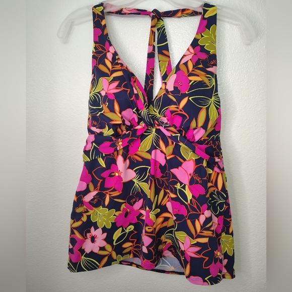 Lands' End Women's Size 12 Navy Blue Pink Green orange Floral Tankini Top - Picture 1 of 6